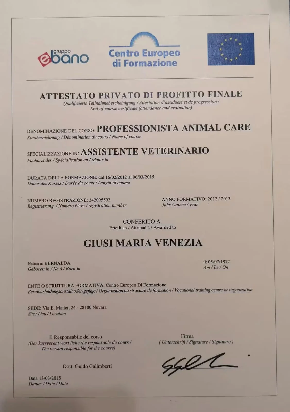 Diploma Giusi Maria Venezia
