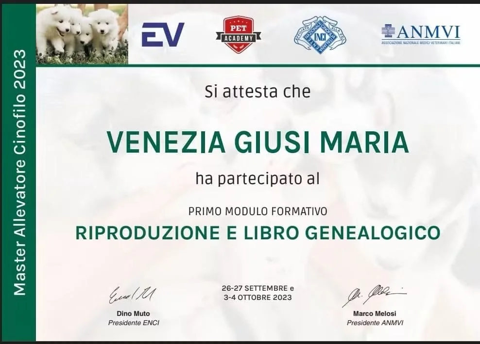 Diploma Master Allevatore Cinofilo ENCI/ANMVI Giusi Maria Venezia